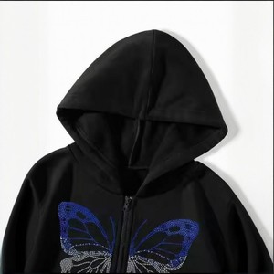 Sudadera con Capucha Unisex de Diseño de Mariposa Personalizado, Patrón Sólido, Lavado Ácido, 100% Algodón, Estilo Oversize, Decorada con Pedrería - Product Image 5