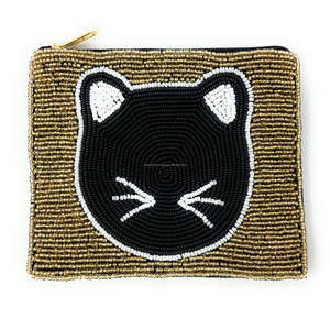 Vintagely Cute Cat Face Embroidered <b>Compact</b> Eco-Friendly Mini <b>Wallet</b> Gold Black Beaded Zipper Coin Pouch Soft Washable Gift for - Product Image 2