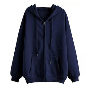 เสื้อฮู้ดซิปผู้หญิงสีกรมท่าทรงโอเวอร์ไซส์ ผ้าฝ้ายถัก 100% ระบายอากาศได้ดี เหมาะสำหรับฤดูหนาว แขนยาว สีพื้น - Product Image 1