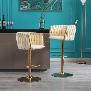 Set of 2 Velvet <b>Bar</b> <b>Stools</b> with Chrome Footrest Simple <b>Bar</b> Chair with Height <b>Adjustable</b> Mechanical Lifting and Golden Leg - Product Image 4