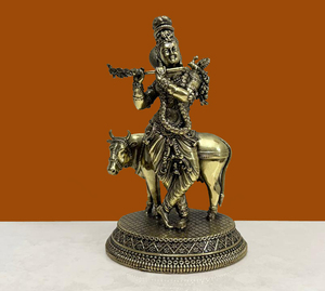 Traditional Brass Krishna Playing Flute <b>Statue</b> Cow Handmade Religious Figurine Nirmala Handicrafts Rajasthan for Home - Product Image 4