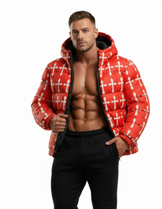 Chaqueta acolchada con capucha y estampado de Cruz Roja para hombre, abrigo de burbujas cálido de invierno, ropa de calle de moda, prendas de abrigo personalizadas al por mayor - Product Image 3