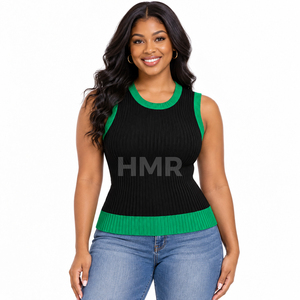 HMR Sorority Sisterhood Knitted <b>Sleeveless</b> Tank Top Contrast Color Spliced Casual Wear Black Green <b>Cardigan</b> - Product Image 1