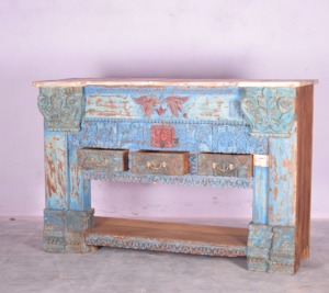 MEJOR COLECCIÓN DE MUEBLES DE MADERA TALLADA A MANO, MESA DE CONSOLA CON 3 GAVETAS, ARTE ANTIGUO DEL HIMALAYA - Product Image 2
