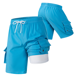 Men Quick Dry Cargo Shorts with Pockets Drawstring <b>Mid</b> Waist Bermuda Swim Polyester/Cotton Knitted Solid Blue Casual Summer Wear - Product Image 1