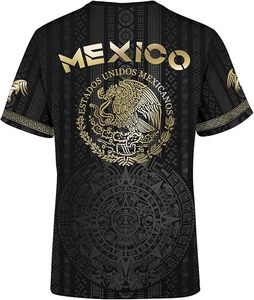 T-shirt noir Mexique avec motif calendrier aztèque, texte doré, en polyester, style athlétique, souvenir - Product Image 2