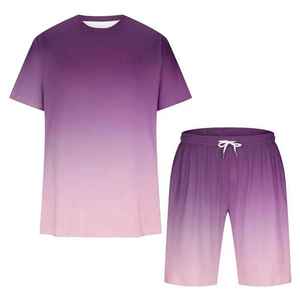 Ensemble T-shirt et short dégradé violet pour homme – Tenue décontractée d'été en coton tricoté respirant – Ensemble deux pièces assorti pour la détente - Product Image 3