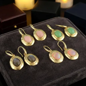 Natural Pink Opal Oval Cabochon Earrings Vintage Style 18k Gold Plated Dangle Earrings Pair Unique Latest Design Fancy Jewelry - Product Image 5