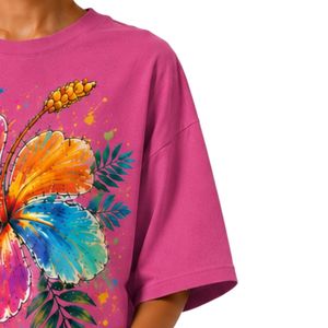 Camiseta Rosa Extra Grande para Mujer con Estampado Gráfico de Flores de Hibisco Coloridas, Camiseta Casual de Algodón para Verano, Personalizada OEM ODM al por Mayor - Product Image 4