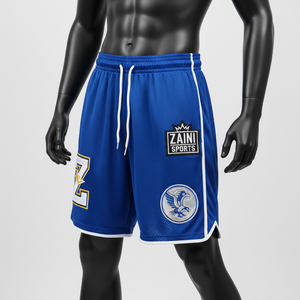 Shorts de bain en maille polyester de haute qualité, couleur bleue avec bordure blanche, logo brodé personnalisé, shorts en maille pour homme - Product Image 1