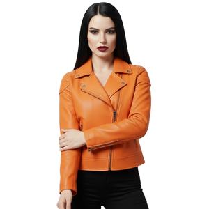 แจ็คเก็ตมอเตอร์ไซค์หนังแท้สีส้มแบบกำหนดเองสำหรับผู้หญิง สั่งซื้อจำนวนมาก แจ็คเก็ตสไตล์ไบค์เกอร์สำหรับสุภาพสตรี จำหน่ายส่งแบบมืออาชีพ - Product Image 1