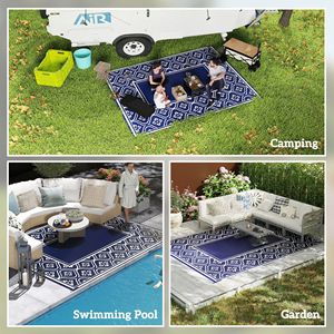 Tappeto Reversibile Impermeabile per Esterni 9FT X 12FT Blu e Bianco con Bordo a Zucca in Paglia e Borsa per il Trasporto - Product Image 5