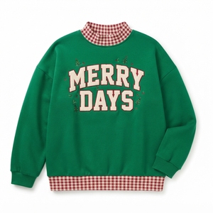 Custom Casual Women Winter Green Knitted Fleece Sweatshirt MERRY DAYS Plaid Graphic Print <b>Red</b> <b>Gingham</b> Mock Neck Pullover - Product Image 1