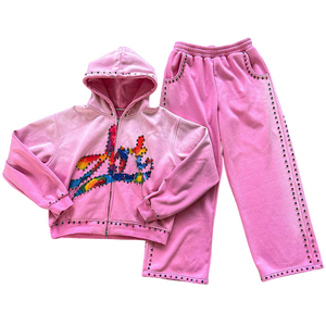 Ensemble de survêtement évasé personnalisé pour femme, sweat à capuche orné de strass et pantalon de survêtement à pattes d'éléphant, style streetwear délavé à l'acide - Product Image 1