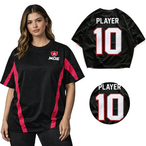 เสื้อเจอร์ซีย์อเมริกันฟุตบอลสีดำชมพูสุดฮิตสำหรับผู้หญิง ลายทางด้านข้าง คอกลม ทรงโอเวอร์ไซส์ สไตล์วินเทจเรโทร ทีมสตรีทแวร์ เสื้อสำหรับออกกำลังกาย - Product Image 1