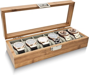 Watch & Jewelry Organizer <b>Box</b> 6 Slots Wooden Storage with Large Glass Display <b>Removable</b> Pillows <b>for</b> Men and Women - Product Image 2