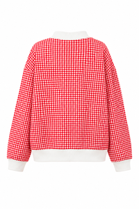 Women's Red Gingham Check Sweatshirt Crew Neck Embroidered KC Letter Casual Autumn Pullover Long Sleeve Knitted Cotton <b>Top</b> - Product Image 3