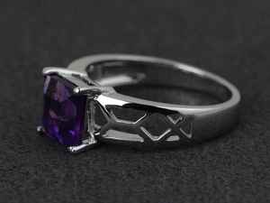 Anillos de Amatista, Anillo Solitario con Corte Cuadrado, Anillo de Compromiso con Amatista, Plata, Gema Púrpura, Joyería de Piedra de Nacimiento de Febrero - Product Image 3