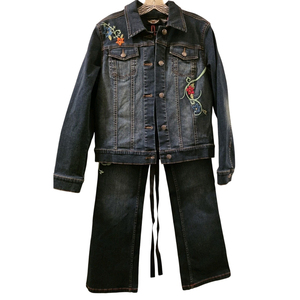 Ensemble pantalon et veste en jean pour femme, broderie, sans manches, coupe décontractée ample, tenue 2 pièces toutes saisons, coton tissé délavé - Product Image 1