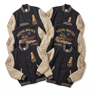 Chaqueta Letterman al por mayor, abrigo universitario de lana azul marino, bordado Old Highway Guild, mangas de cuero marrón claro, estilo bomber. - Product Image 3