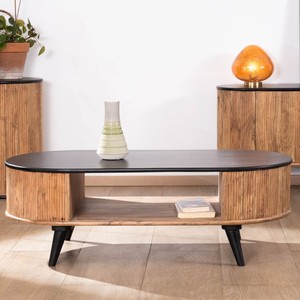 Vandana Silver Style rounded <b>coffee</b> <b>table</b> in natural and <b>black</b> acacia wood - Product Image 1