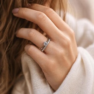 Half Eternity IGI Certified 10K 14K 18K Solid Gold Round Lab Grown Diamond Prong Solitaire Ring Double Band <b>Wedding</b> Bridal Band - Product Image 5