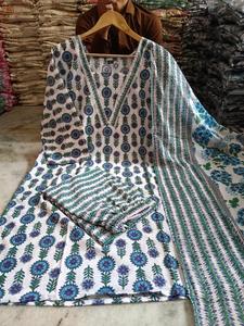 Conjunto de Kurti, Pantalón y Dupatta Largo Informal para Mujer, 100% Algodón Orgánico, Estampado y Transpirable |   Traje Étnico Talla Grande M 10XL |   Floral |   Cuello en V - Product Image 3