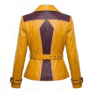Yellow Mustard <b>Belted</b> Double Breasted <b>Leather</b> Trench Coat Womens Contrast Purple Trim Outerwear Wholesale Factory - Product Image 2
