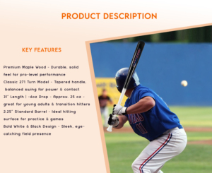 Bate de Béisbol de Madera de Arce para Adultos - 31 Pulgadas, Modelo 271, Diámetro del Barril de 2.25 Pulgadas, Color Natural o Negro, por NAQQASH SPORTS - Product Image 6