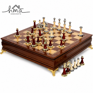 Luxury Brass <b>Chess</b> <b>Set</b> with Gold and Silver Traditional Pieces on Dark Wooden Square <b>Chess</b> <b>Board</b> - Product Image 4