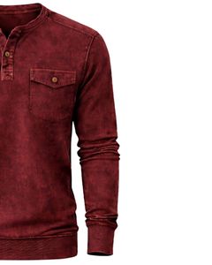 Sweat-shirt Henley à manches longues pour homme, délavé à l'acide, rouge bordeaux, col boutonné, style décontracté avec poche, vêtement d'hiver en coton, coupe ajustée - Product Image 4