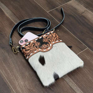 Bolso de hombro de piel de vaca genuina, bolsillo móvil suave y cómodo, monederos de mano para mujer con parche floral y bolsillos con cremallera - Product Image 4