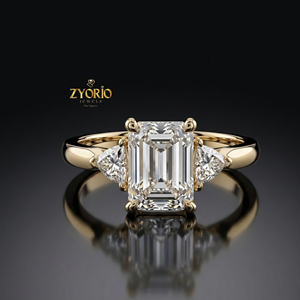 <b>Emerald</b> Cut Engagement <b>Ring</b> 925 <b>Silver</b> Three Stone <b>Ring</b> Trillion Side Stone Lab Grown Diamond <b>Ring</b> - Product Image 1