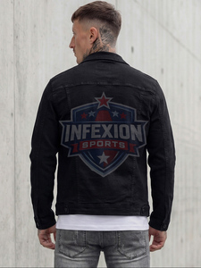 Veste en jean noire pour homme avec motifs patchwork, col rabattu, fermeture éclair, style décontracté, coton lavé, coupe ajustée - Product Image 2