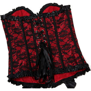 Corset en dentelle rouge et noir pour femme avec volants, nœud sur le devant, fermeture à agrafes et à œillets, et maintien ferme - Product Image 4