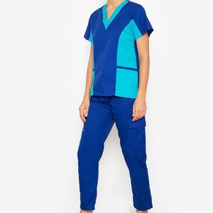 Ensemble de blouses médicales pour femmes, col en V, manches courtes, pantalon, couleur bleu turquoise, coton et polyester tissé - Product Image 5