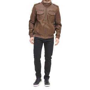 Blouson en cuir pour homme, collection Printemps-Automne, style motard, col montant, manches longues, fermeture éclair, capuche, logo frontal, pour 2026 - Product Image 4