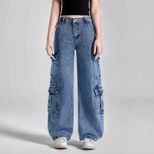 Women High Waist Blue Cargo Denim Jeans Wide Leg Multi Pocket Cotton Utility Work Casual Streetwear Denim Pants - Product Image 3