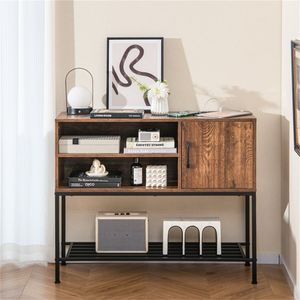 Credenza Rustica Marrone Stile Antico con 2 Prese AC e 2 Porte USB Fatte a Mano, Portabottiglie e Mobile Buffet - Product Image 2
