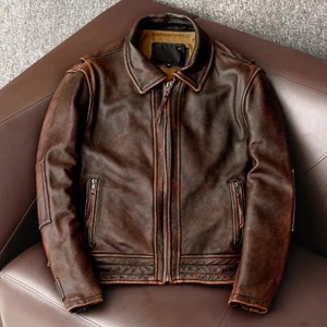 Nouvelle arrivée, veste de motard vintage marron 100% cuir de vache, slim, tendance, pour homme, cuir véritable, imperméable, grande taille - Product Image 1