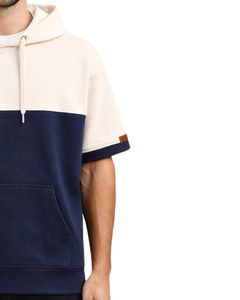 Camiseta con capucha de manga corta personalizada para hombre, azul marino y con bloques de color, sudadera informal con capucha, mezcla de algodón suave, ropa de verano - Product Image 4