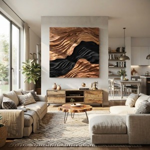Arte mural contemporáneo con diseño de ondas, tallado a mano, estilo rústico, arte mural 3D de madera para sala de estar - Product Image 3
