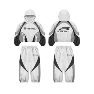 White Grey <b>Black</b> <b>Windbreaker</b> Tracksuit Set | Oversized Zip Hooded Jacket & Pants | Streetwear Matching Set | OEM Private Label - Product Image 1