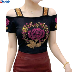 Custom Color Women Flower Rhinestone Off Shoulder Shiny <b>Sequined</b> Clothes Tee Tops Breathable Short Sleeve <b>Shirts</b> Party <b>T</b>-<b>shirt</b> - Product Image 2