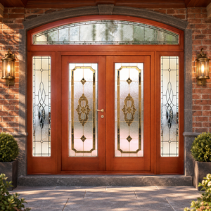 Portes d'entrée doubles en bois massif sur mesure GA-52 – Panneaux en verre teinté et transom cintrée - Product Image 1