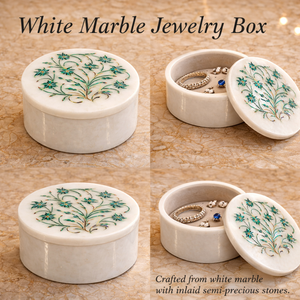 Boîte à bijoux en marbre blanc faite à la main avec incrustation florale en pierre, boîte à bibelots ronde en marbre, boîte de rangement de luxe avec incrustation de pierres semi-précieuses - Product Image 5