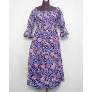 เดรสสั้นคอเหลี่ยมผ้าฝ้ายลายพิมพ์บล็อกมือแขนยาวลายดอกไม้สำหรับผู้หญิง - Product Image 1