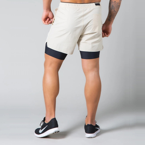 Pantalones Cortos Deportivos Beige para Hombre con Logotipo Frontal, Bolsillos Digitales Florales, Cintura con Cordón, Secado Rápido, 100% Algodón, Tiro Medio, Color Sólido Tejido a Crochet - Product Image 5