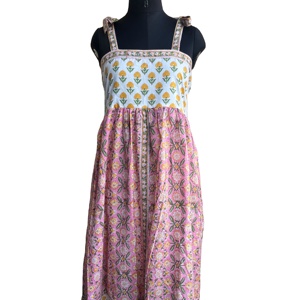 <b>Adjustable</b> Strap Sleeveless Indian Cotton Long Gown Hand Block Printed Floral <b>Square</b> Collar Dress with Tassel Decoration - Product Image 1