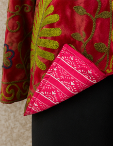 Luxury <b>Velvet</b> <b>Jacket</b> Red Floral Embroidery Mandarin Collar Handmade Artisan Blue Botanical Motifs Premium Boho Lady Fashion wear - Product Image 2